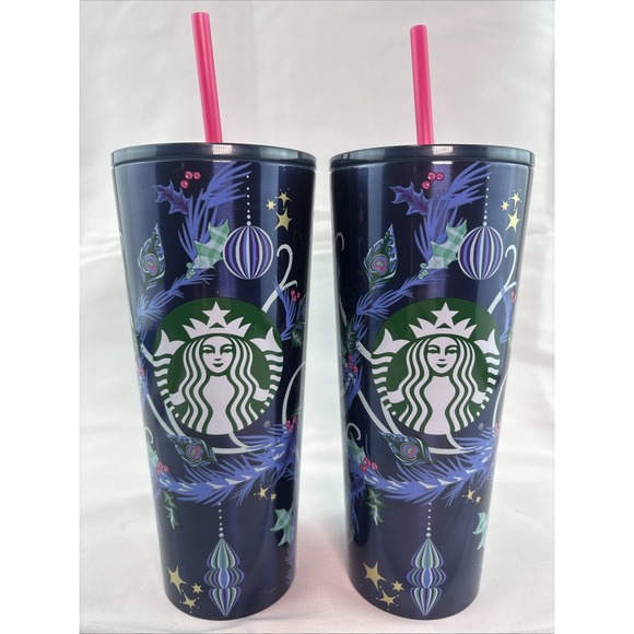 Starbucks Other - Lot Of 2 -Starbucks Holiday Christmas Tumbler Blue Ornaments 2024 Straw 24 oz